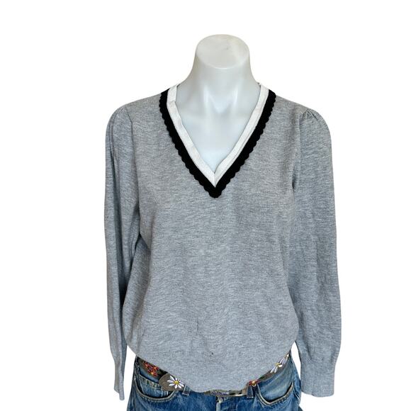 CeCe Gray Trim Oversized V-Neck Sweater SMALL Romantic Preppy Lightweight  $79 - Picture 5 of 9